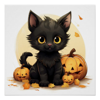 Póster Gato Preto Bonito com Pumpkins