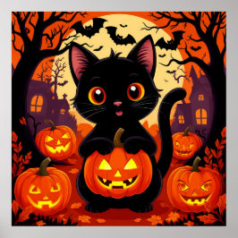 Poster Gato Preto Bonito com Pumpkins do Halloween