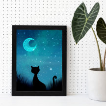 Gato preto brilho céu estrelado ilustração moderna