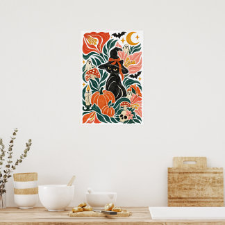 Poster Gato Preto Caprichoso Arte Folclórica Botânica de