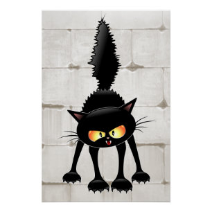 Póster Gato Preto Cartoon Engraçado e Feroz