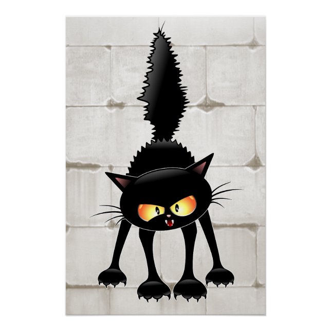 Póster Gato Preto Cartoon Engraçado e Feroz  (Frente)