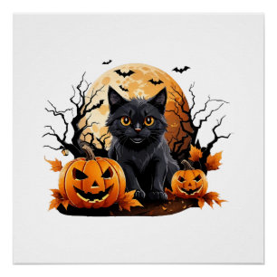 Póster Gato preto cercado por abóboras