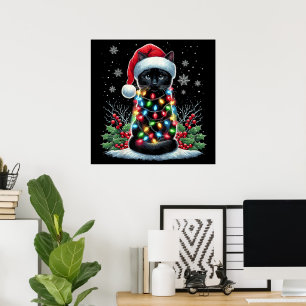 Poster Gato Preto Chapéu de Natal do Papai Noel Engraçado