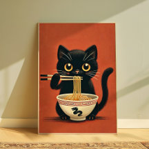 Gato Preto Cinto Comendo Ramen Kawaii Noodle Wall