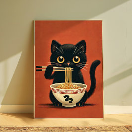 Poster Gato Preto Cinto Comendo Ramen Kawaii Noodle Wall