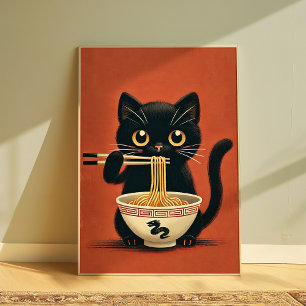 Poster Gato Preto Cinto Comendo Ramen Kawaii Noodle Wall