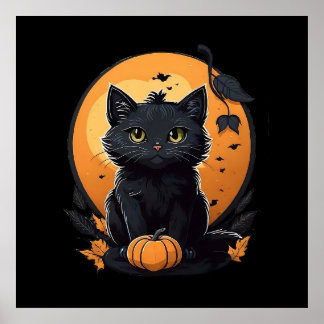 Poster Gato preto com abóbora