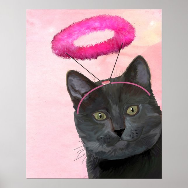 Póster Gato Preto com Anjo Rosa Halo (Frente)
