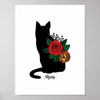 Poster Gato Preto Com Flores