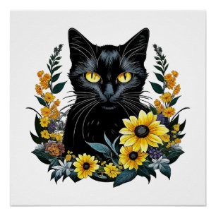 Póster gato preto com flores