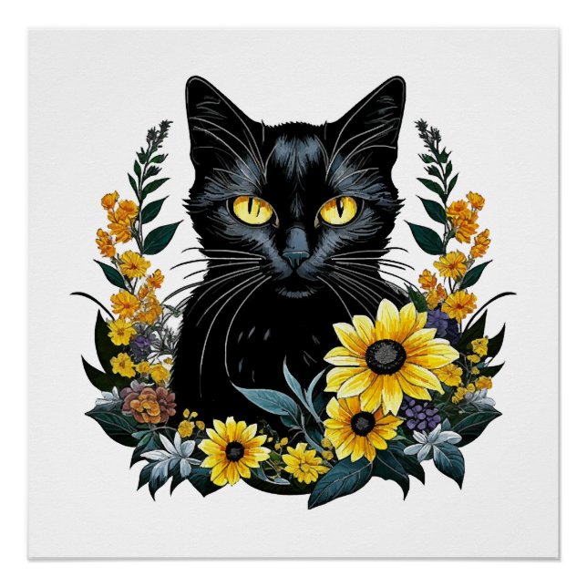 Póster gato preto com flores (Frente)