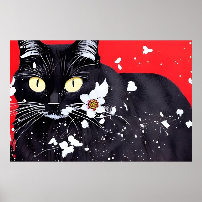 Poster Gato Preto Com Flores Brancas Fundo Vermelho (Frente)