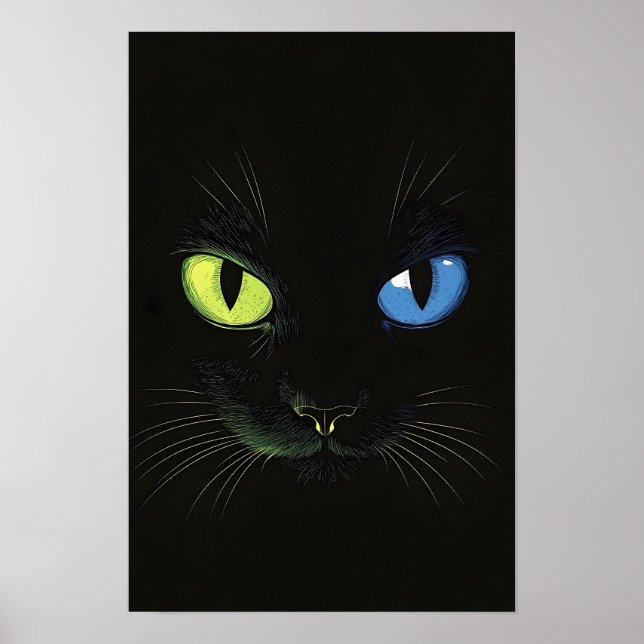 Poster Gato preto com olhos verdes e azuis (Frente)