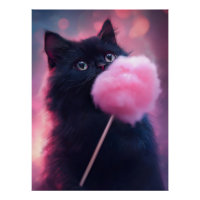 Gato preto com olhos verdes segurando algodão doce