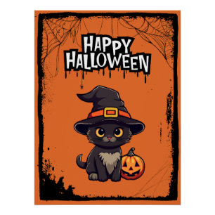 Póster Gato Preto com Pumpkin Jack O Lanterna Halloween