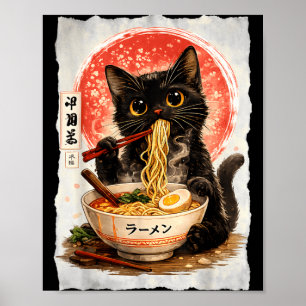 Poster Gato Preto Comendo Ramen Fofo Kawaii Anime Gato