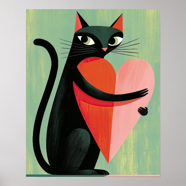 Poster Gato Preto Coração de Sálvia Verde Médio do Século (Frente)