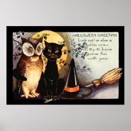 Poster Gato Preto Coruja Chapéu de Bruxa Lua Cheia