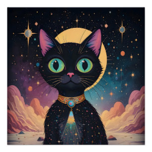 Póster Gato Preto Cósmico Futurista Atômico ao Luar
