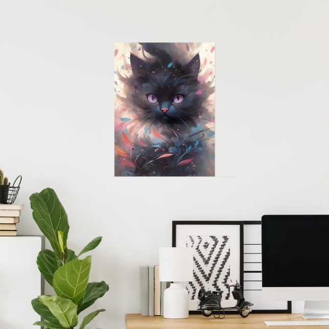 Poster Gato Preto de Cores Aquáticas Místicas | Gato cúmu (Escritório em casa)