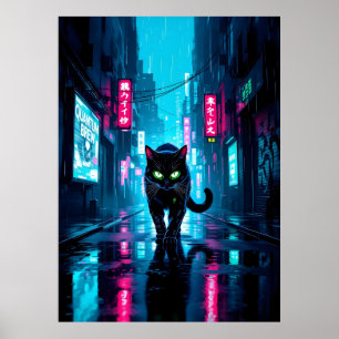 Poster Gato Preto de Cyberpunk na Cidade Neon Chuvosa