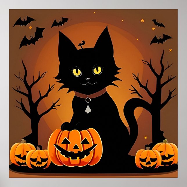 Poster Gato Preto de Halloween Abóboras de Jack Lanternas (Frente)