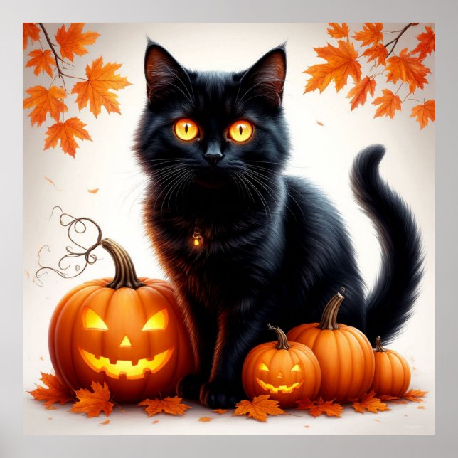 Poster Gato Preto de Halloween com Cena de Abóbora 🎃 (Frente)