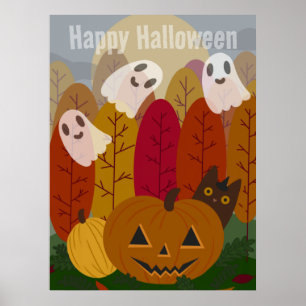 Poster Gato Preto de Halloween Fofo e Fantasmas Abóbora d