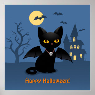 Poster Gato Preto de Halloween Vampiro com Asas