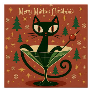 Póster Gato Preto de Meados do Século Feliz Martini Natal