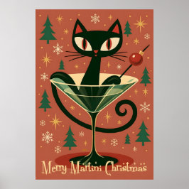 Poster Gato Preto de Meados do Século Feliz Martini Natal
