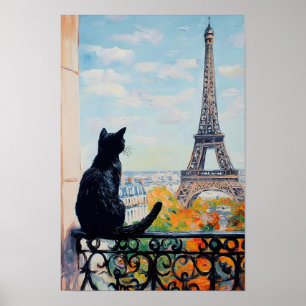 Poster Gato preto desfrutando da vista da Torre Eiffel