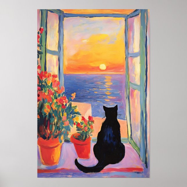 Poster Gato preto desfrutando da vista do mar (Frente)