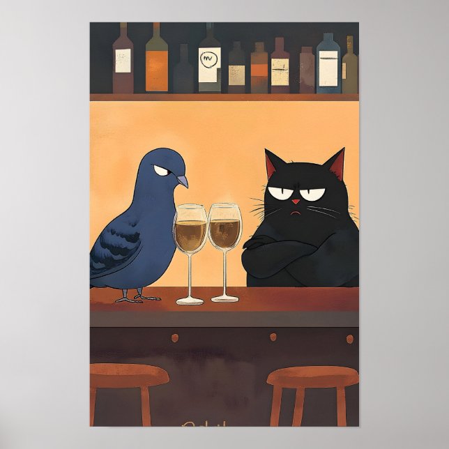 Poster Gato Preto Divertido e Pássaro (Frente)