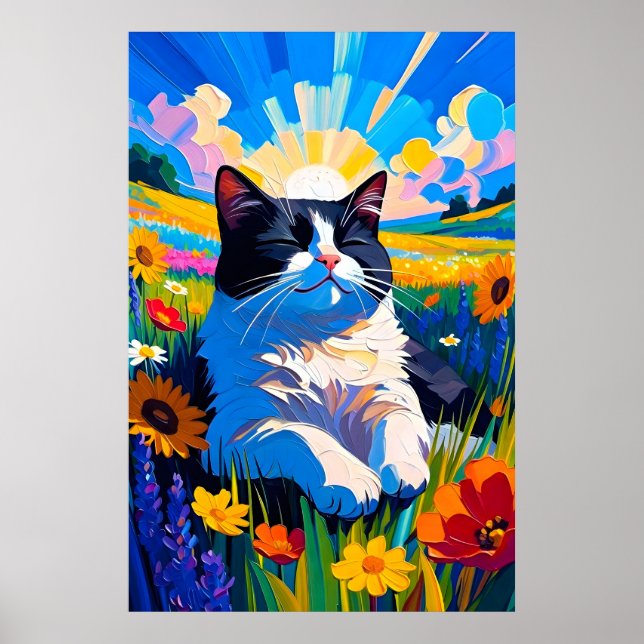 Poster Gato preto e branco fofo descansando em um prado e (Frente)