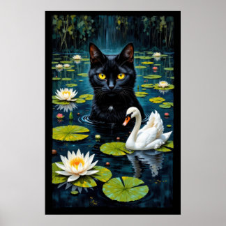 Poster Gato preto e cisne em um lago cheio de água