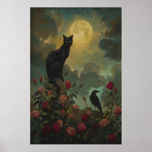 Poster Gato Preto e Corvo com Rosas sob a Lua Cheia