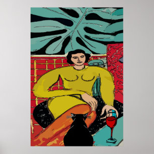Poster Gato Preto e Vinho Tinto