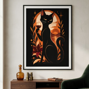 Poster Gato Preto Elegante Arte Deco Retro Minimalista