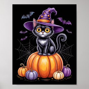 Poster Gato Preto Em Abóbora Com Chapéu De Bruxa Hallowee