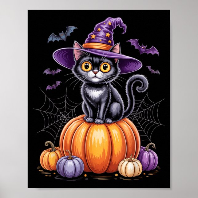 Poster Gato Preto Em Abóbora Com Chapéu De Bruxa Hallowee (Frente)