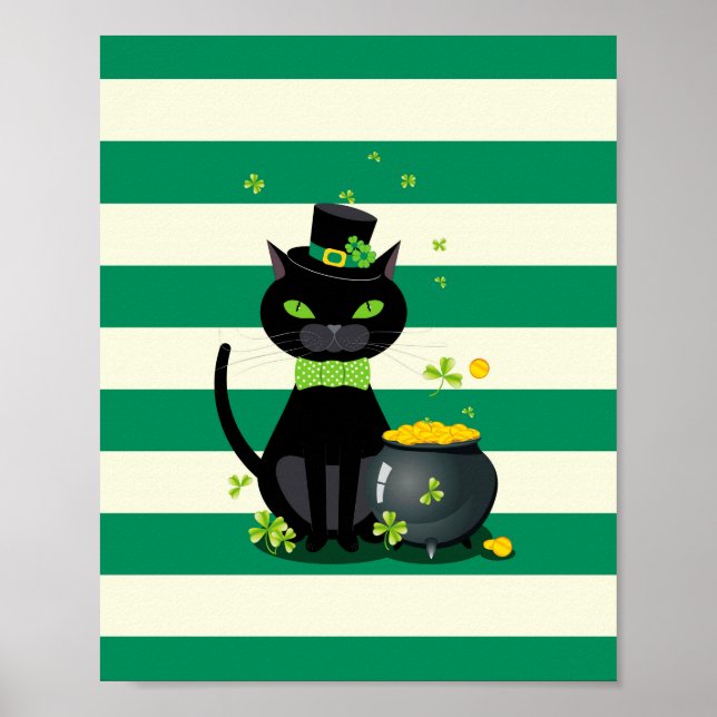 Poster Gato preto em arco e chapéu com shamrock verde (Frente)