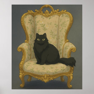 Poster Gato Preto em Cadeira Ornamentada – Porcelana Góti