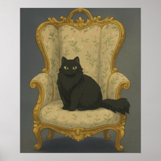 Poster Gato Preto em Cadeira Ornamentada – Porcelana Góti