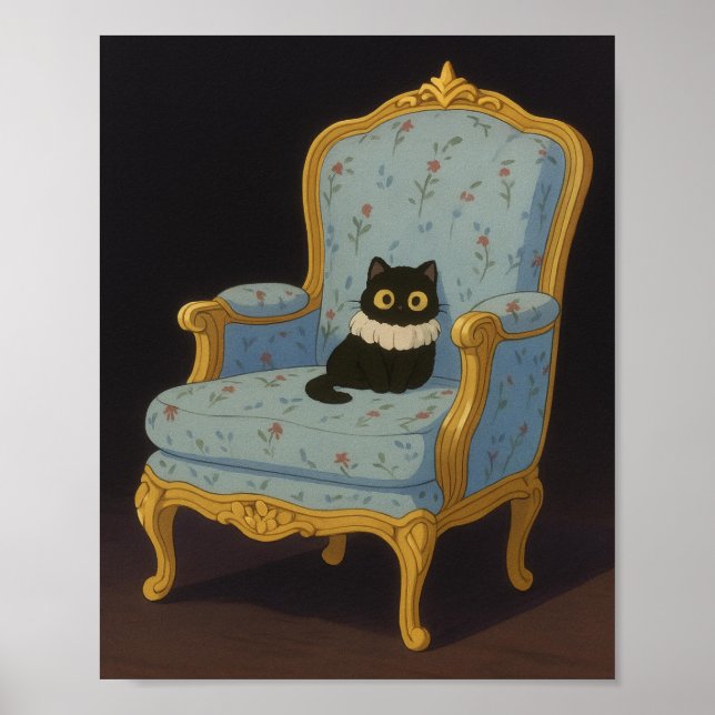 Poster Gato Preto em Poltrona Floral Azul (Frente)