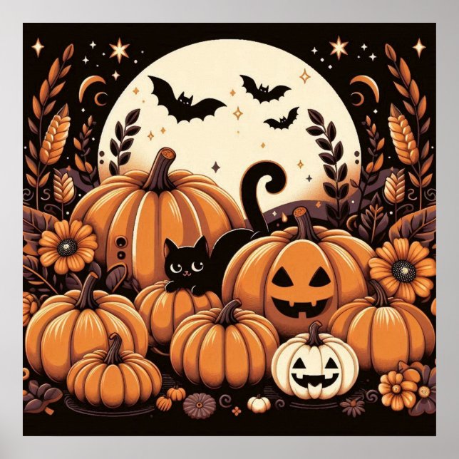 Poster Gato Preto em um Pumpkin Patch (Frente)