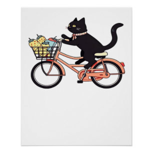 Póster Gato Preto em uma Bicicleta Arte de Gato Preto Ca