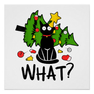 Póster Gato Preto Engraçado Árvore de Natal Alegre Papai