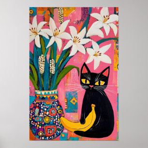 Poster Gato preto engraçado Banana e vaso de flores 